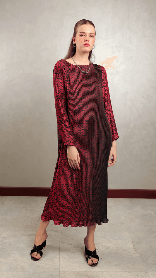 Maroon Leopard Pleated Maxi - AREEJ | Online