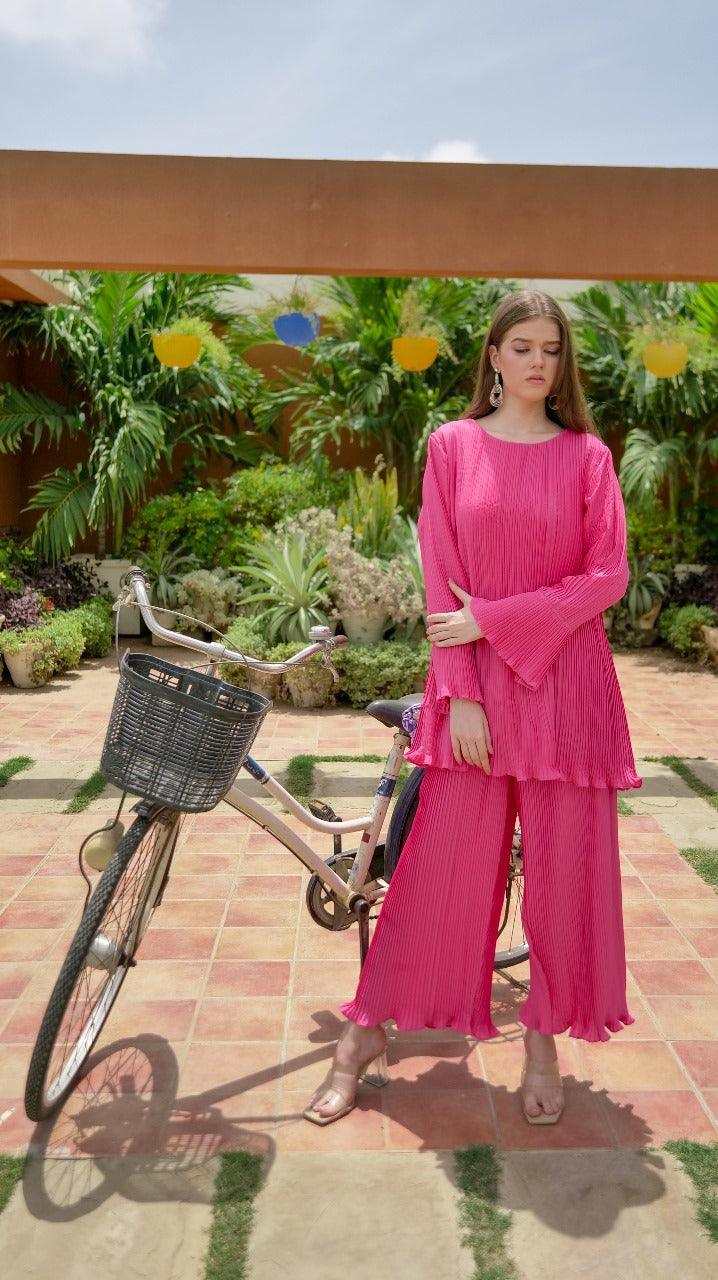 Barbie Shocking Pink Pleated Co-Ord Set - AREEJ | Online